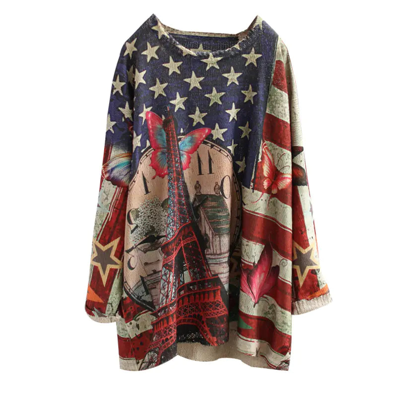 Vintage Knit Women's Sweater with Floral Print, Long Sleeve