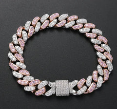 Cuban Bracelet with Pink Zirconia and Punk Design