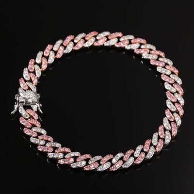 Cuban Bracelet with Pink Zirconia and Punk Design