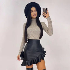 Ruffled Leather A-Line Hip Skirt in Harajuku Style