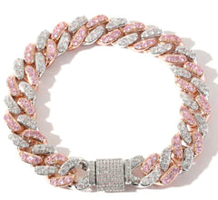 Cuban Bracelet with Pink Zirconia and Punk Design
